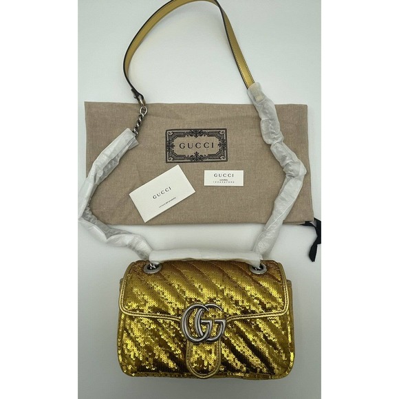 NEW! GUCCI MARMONT METALLIC SEQUIN GOLD  GG CROSSBODY BAG PURSE AUTHENTIC - Picture 8 of 15